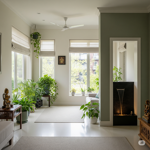 Serene, well-lit living room with plants