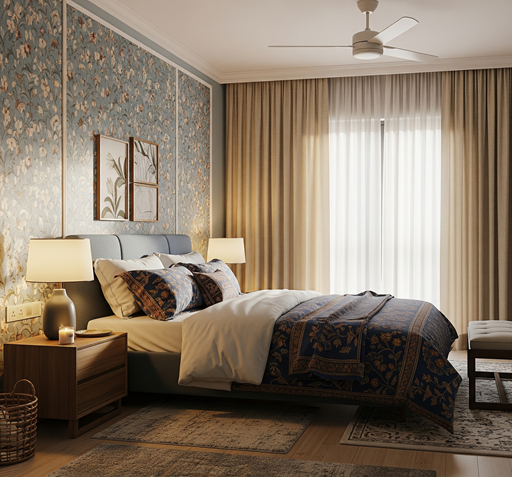 Harmonious bedroom with bed in South-West direction.