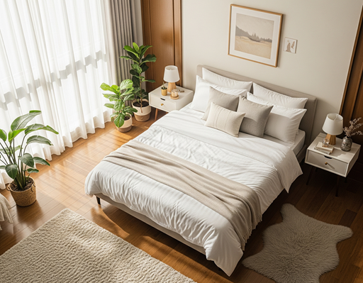 Bedroom layout with bed oriented towards the South-West