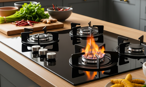 Kitchen stove in the South-East corner with a bright flame